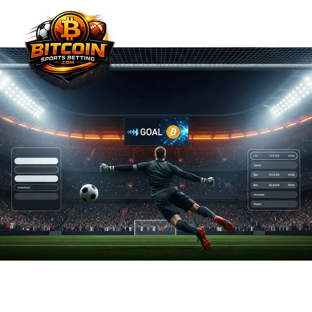 Digitales Fußballstadion mit Bitcoin-Logo im Tor, das die Krypto-Wettmöglichkeiten für das WM 2026 Spiel Frankreich gegen Senegal symbolisiert.