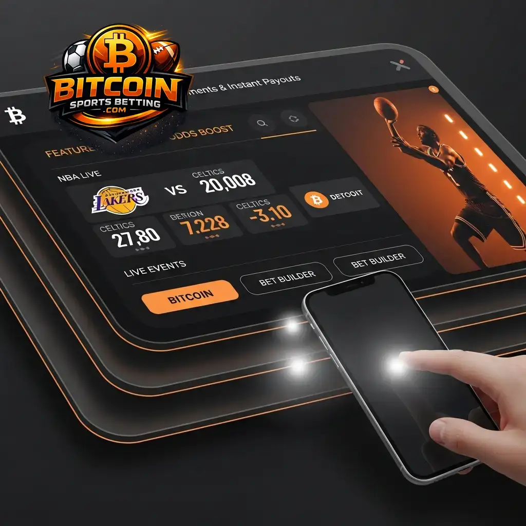 Eine moderne Bitcoin-Sportwetten-App wird auf einem Tablet und einem Smartphone angezeigt und demonstriert die Zugänglichkeit von Krypto-Wetten.