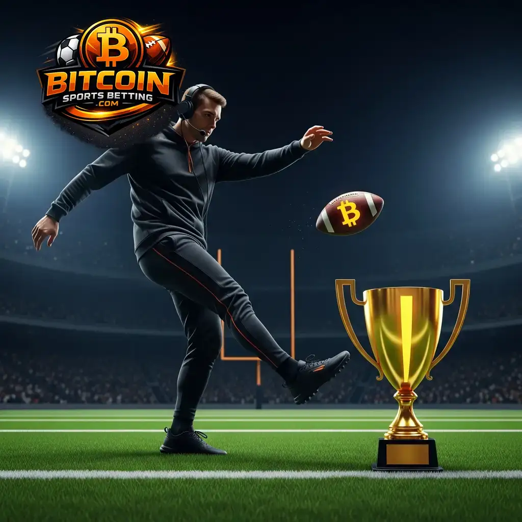 Ein Athlet in einem Stadion tritt einen Fußball mit Bitcoin-Logo in Richtung einer goldenen WM-Trophäe, symbolisch für Crypto-Wetten auf die Weltmeisterschaft 2026.