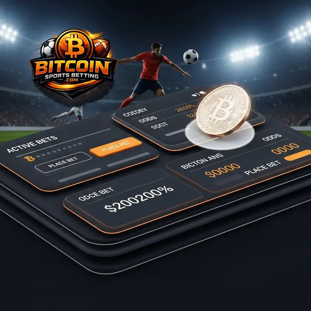 Mobile Benutzeroberfläche einer Krypto-Sportwetten-App vor einem Fußballstadion, die Quoten für Argentinien vs. Algerien und eine Bitcoin-Wettoption hervorhebt.