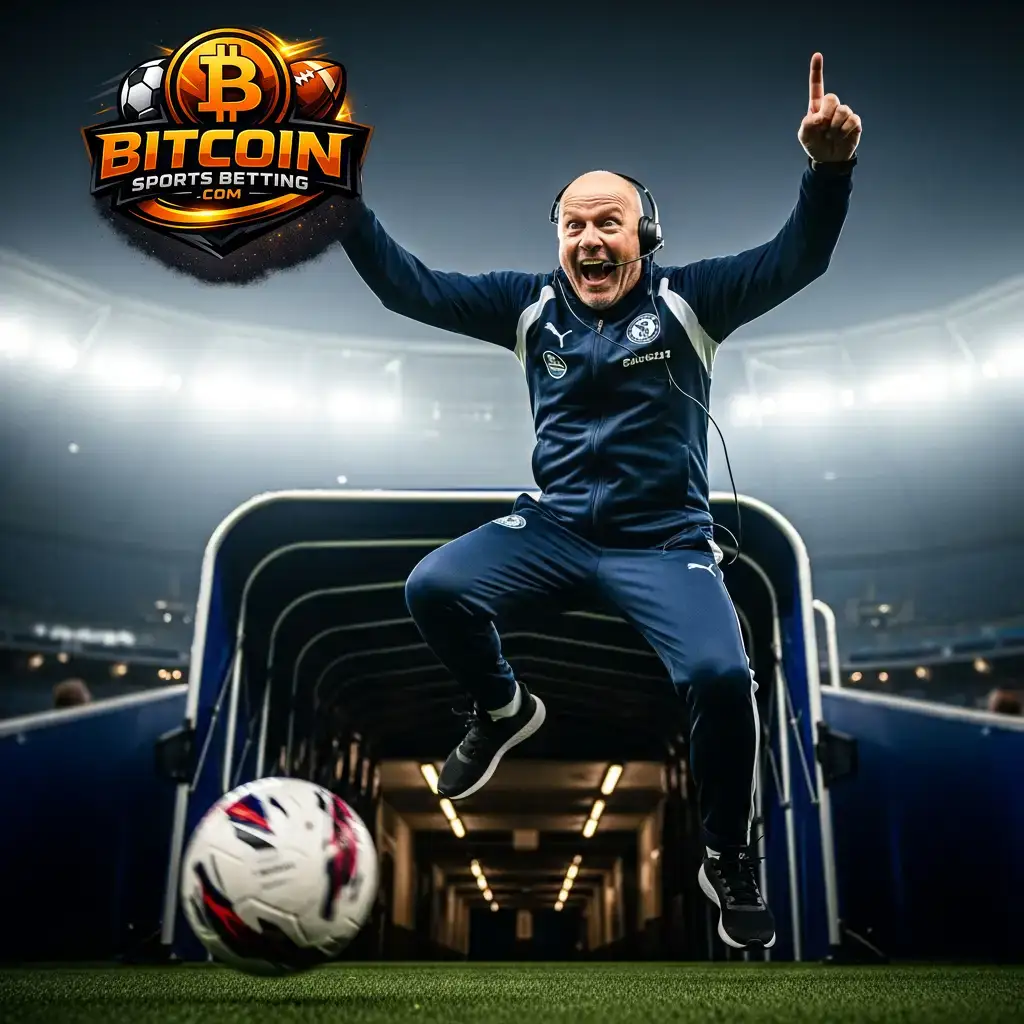 Ein triumphierender Fußballtrainer springt jubelnd im Stadiontunnel und symbolisiert eine erfolgreiche Wette auf das Spiel Niederlande gegen Japan.