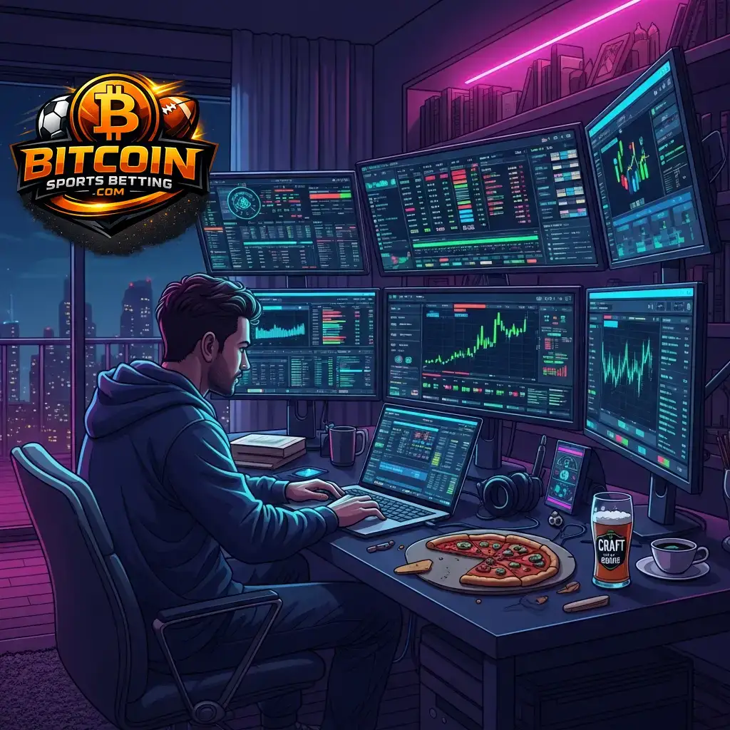Ein konzentrierter Nutzer an einem Computer-Arbeitsplatz, der Informationen recherchiert und seine Crypto-Wetten für die Weltmeisterschaft 2026 platziert.