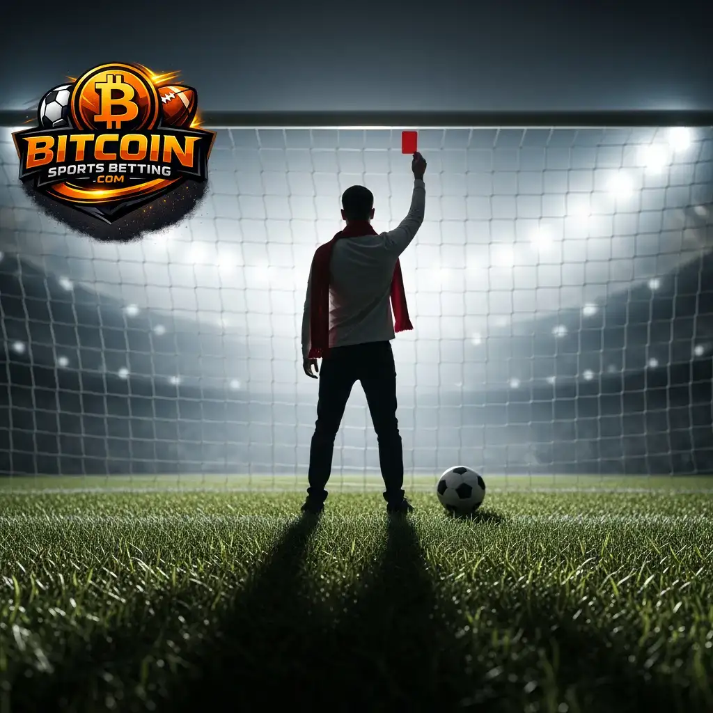 A dramatic close-up of a referee holding up a red card on a soccer pitch, symbolizing the critical decisions involved in making a betting prediction.
