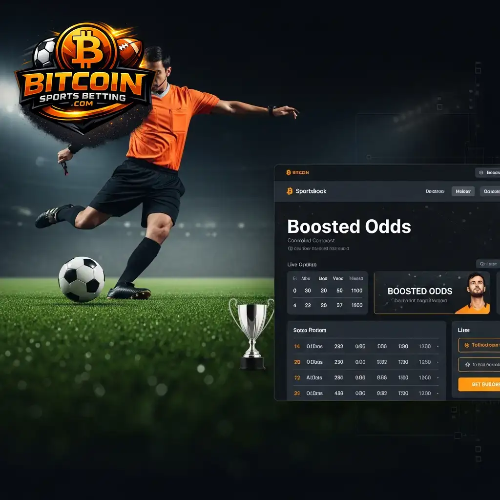 Digitale Schnittstelle mit erhöhten Bitcoin-Wettquoten für die WM 2026, überlagert auf einem Bild eines Schiedsrichters, der einen Fußball neben einer Trophäe tritt.