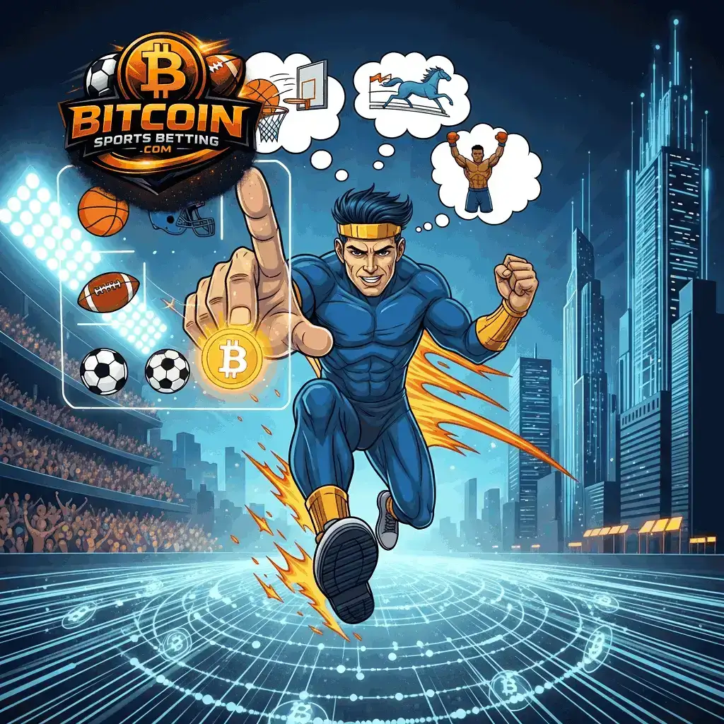 Ein futuristisches, hell erleuchtetes Sportstadion mit schwebenden Krypto-Symbolen für modernes Krypto Sport Betting